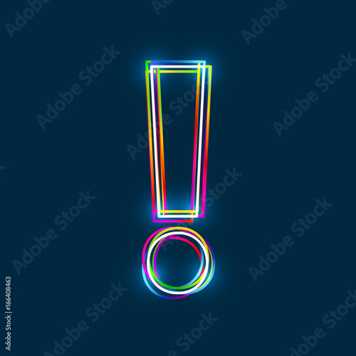 Exclamation mark - Vector multicolored outline font with glowing effect isolated on blue background. EPS10