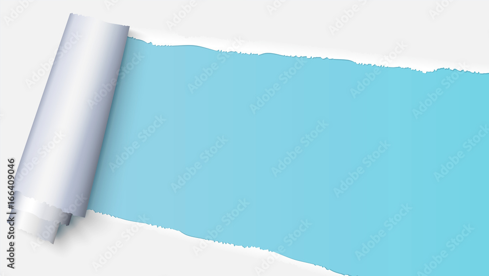 Realistic torn open paper with space for text on blue background, holes in paper. Torn strip of paper with uneven, torn edges. Coiling torn strip of paper