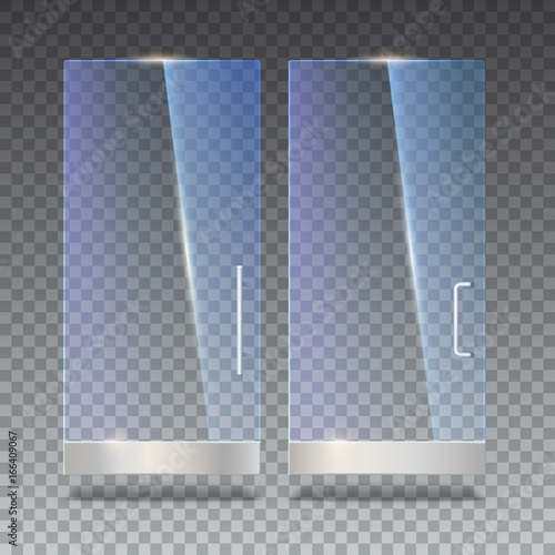 Glass door with reflection and shadows, isolated on transparent background. Vector 3D illustration. Transparent glass door, for shop, mall, transparent boutique door, office door with metal handles.
