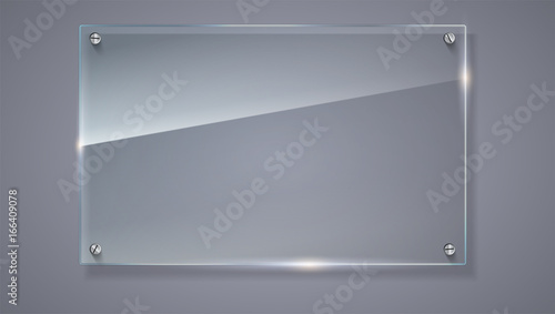 Blank, transparent vector glass plate. Vector template, horizontal banner with copy-space. Photo realistic texture with highlights and glow on the background. See through the plastic, 3D illustration. photo