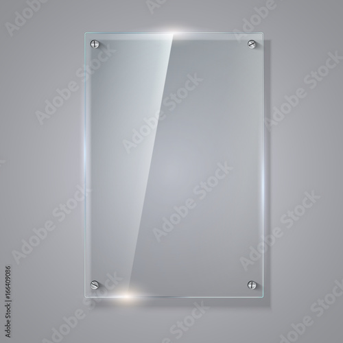 Blank, transparent vector glass plate. Vector template, vertical banner with copy-space. Photo realistic texture with highlights and glow on the background. See through the plastic, 3D illustration.