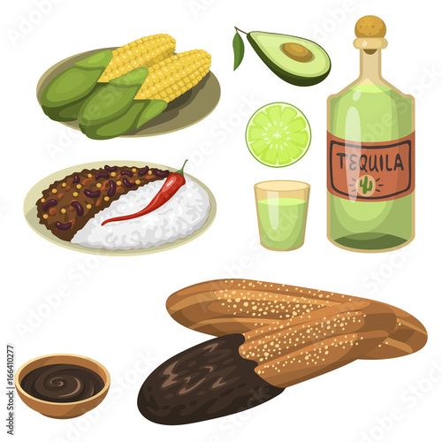 Mexican traditional food meal plates isolated lunch sauce mexico cuisine vector illustration