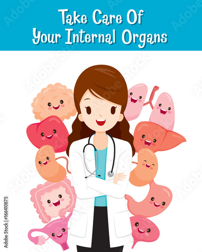 Woman Doctor With Human Internal Organs, Cartoon Characters Set