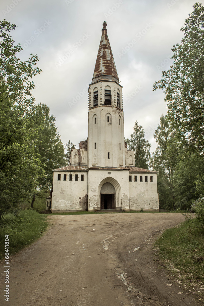 The abandoned Catholic Church in the forest in the Republic of Karelia, Russia