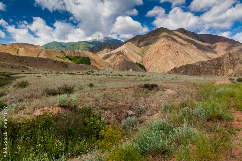 Landscape of colored mountain near Kokemeren river, Kyzyl-Oi, Kyrgyzstan