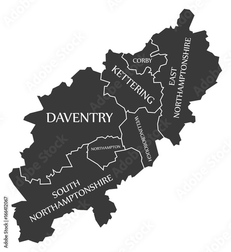 Northamptonshire county England UK black map with white labels illustration