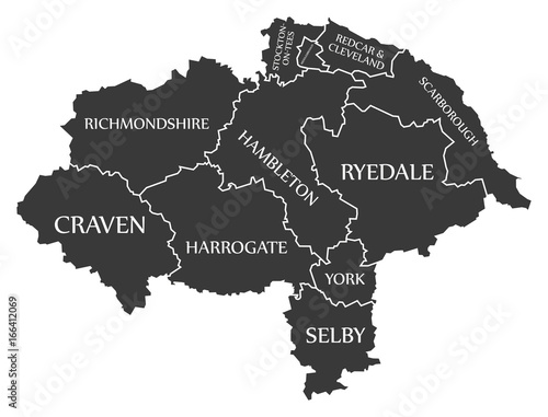 North Yorkshire county England UK black map with white labels illustration