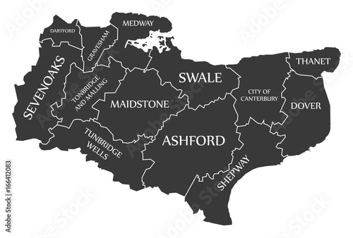 Kent county England UK black map with white labels illustration