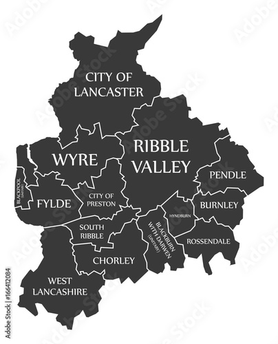 Lancashire county England UK black map with white labels illustration photo