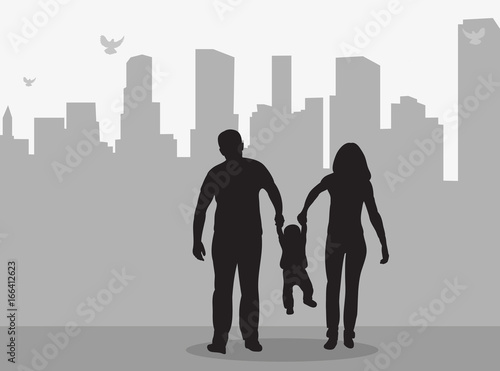 isolated silhouette of family on city background