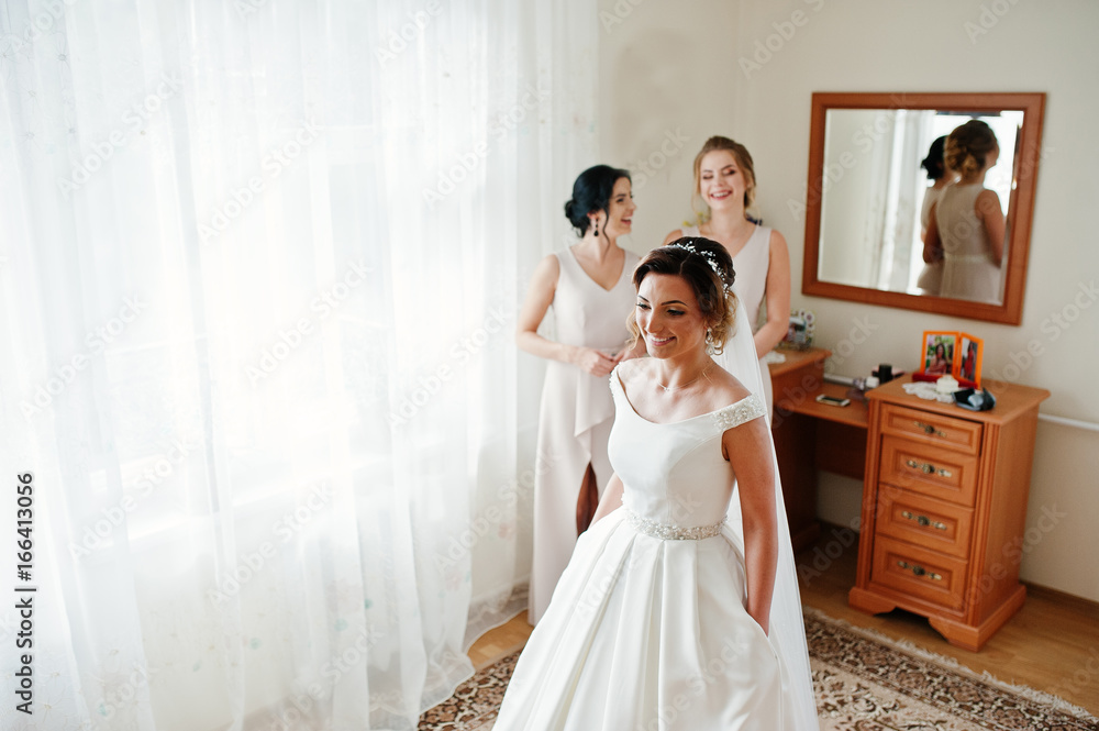 Fabulous young bride posing with her bridesmiads in her room on the wedding day. Fabulous young bride posing with her bridesmiads in her room on the wedding day.