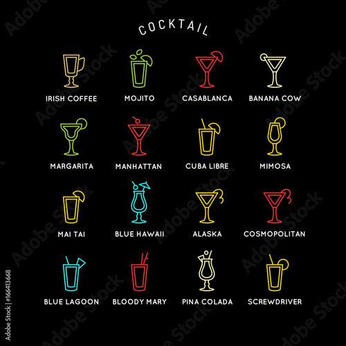 Illustration for bar menu set alcoholic cocktails. Vector line drawing of a Drink on background.