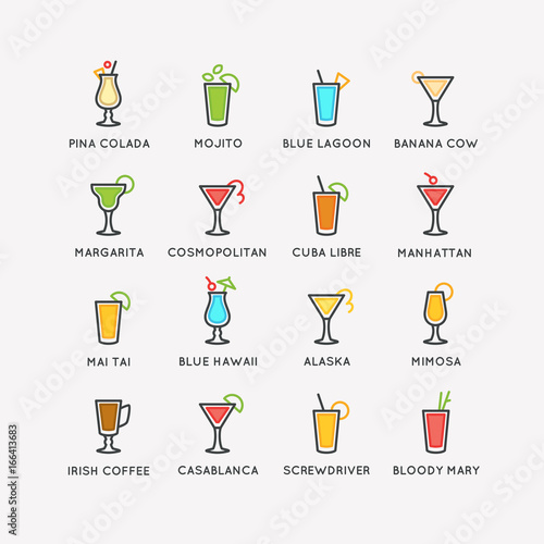 Illustration for bar menu set alcoholic cocktails. Vector linear drawing of a Drink on background.