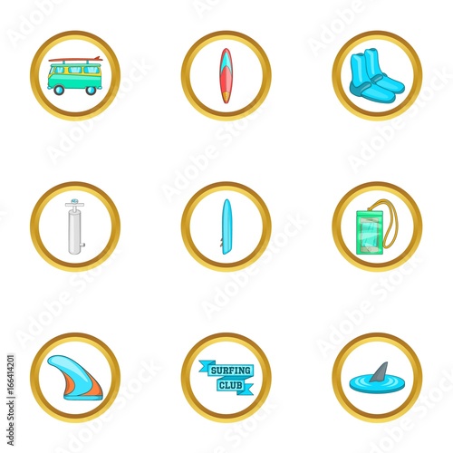 Surfing equipment icons set, cartoon style
