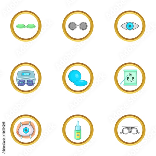 Caring for eyes icons set, cartoon style