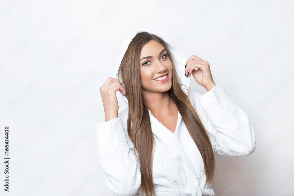 beautiful young woman with long hair wearing bath robe beautiful young woman with long hair wearing bath robe