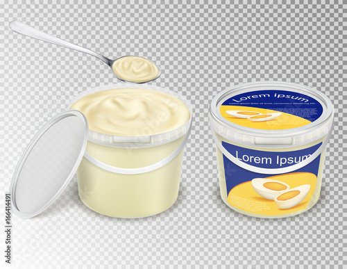 Vector realistic illustration, plastic transparent buckets with food - mayonnaise, sour cream, yogurt, sauce, ice cream, - and spoon scooping it up. Set containers, mok up pails with label and without