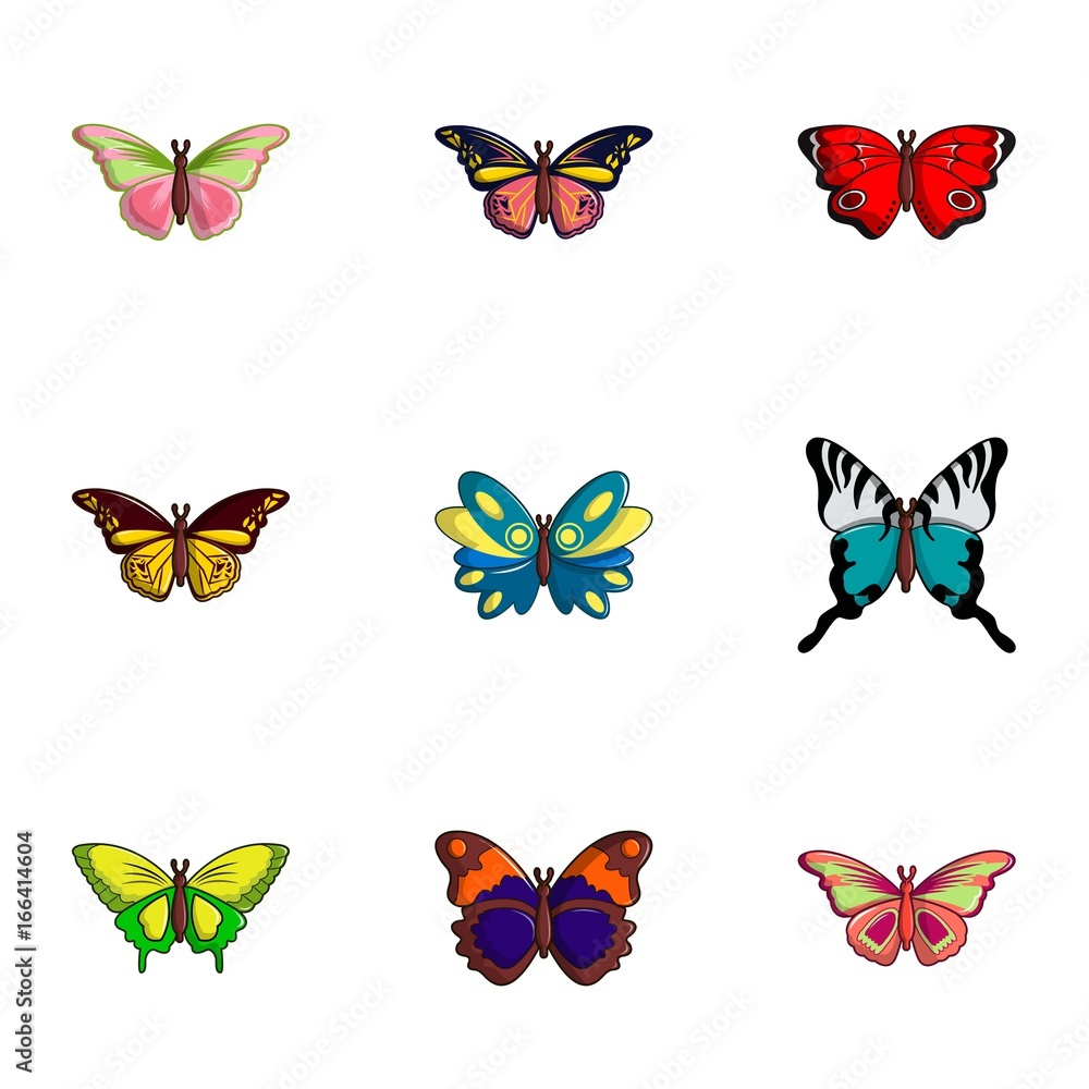 Types of butterfly icons set, flat style