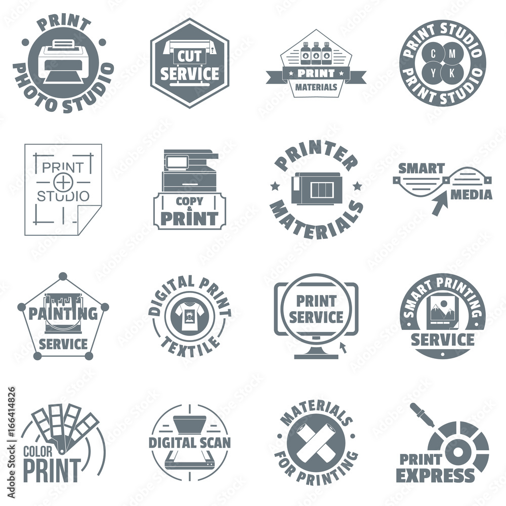 Print service logo icons set, simple style Print service logo icons set, simple style