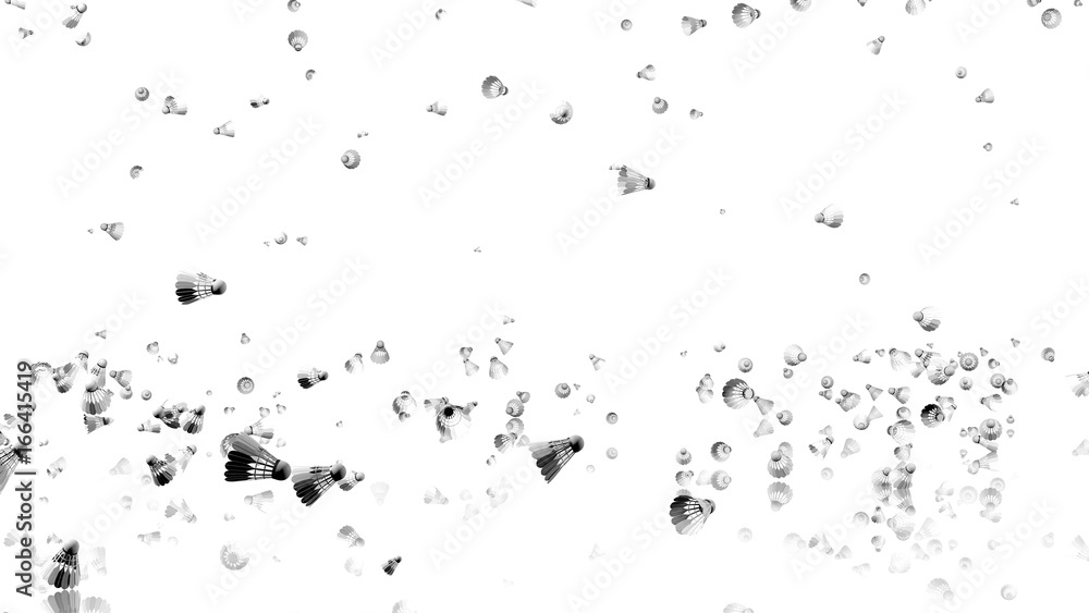 Fototapeta premium Many Badminton Shuttlecocks raining with a reflecting floor and a white background