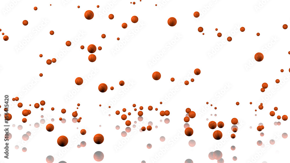 Obraz premium Many Basketballs raining with a reflecting floor and a white background