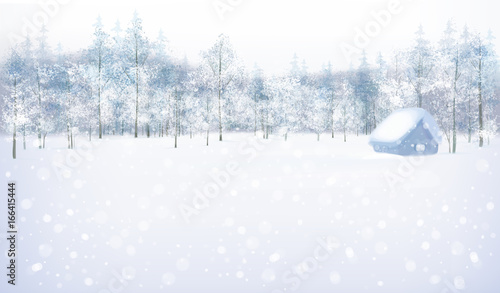 Vector winter scene with house in forest.
