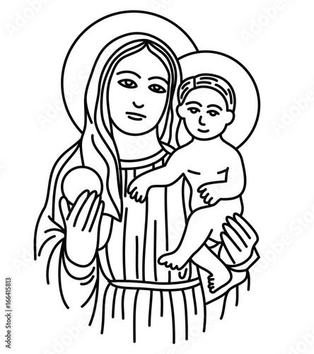 Blessed Virgin Mary with baby Jesus, art line sketch or drawing design