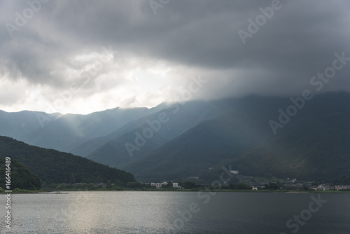 Lake Kawaguchi with sunset light and mountain background in Japan. © NaMong Productions