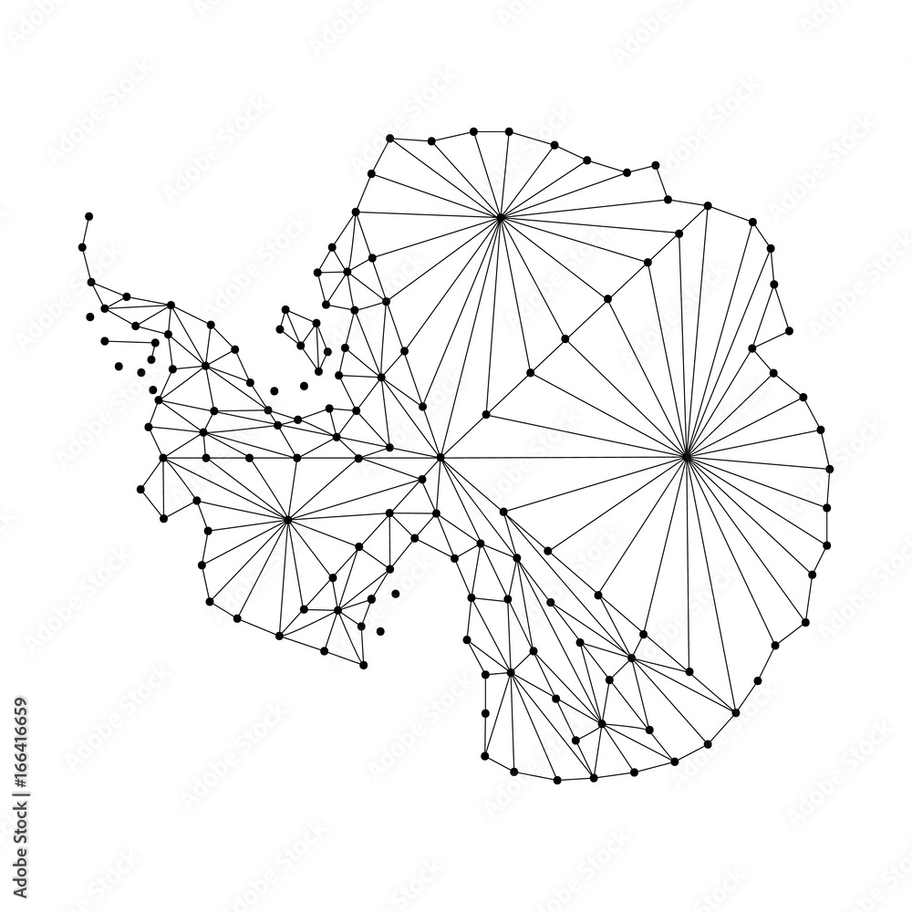 Antarctica map of polygonal mosaic lines network, rays and dots vector illustration.