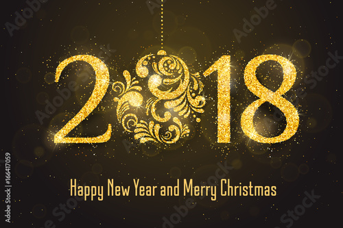 Vector 2018 Happy New Year holiday banner with sparkling glitter golden textured Christmas ball. Seasonal holidays background. New Year greeting card