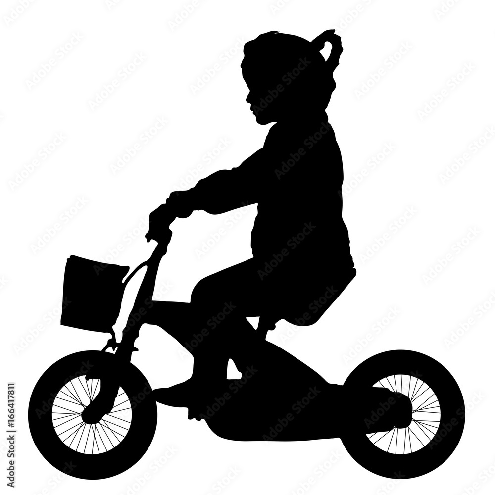 Child, girl is riding a baby bike silhouette, vector illustration side