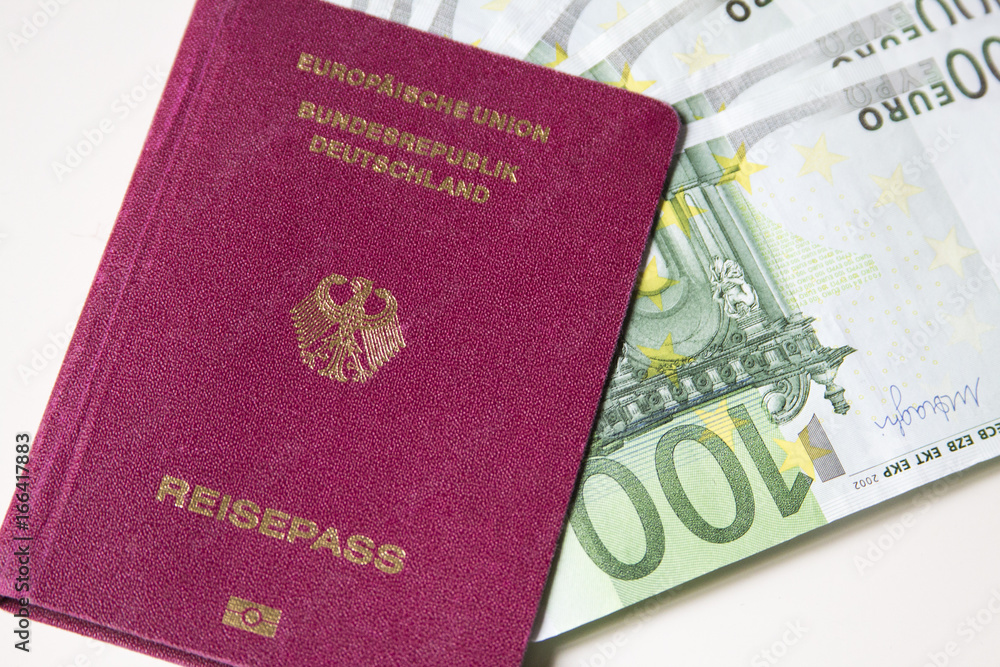 German international traveling passport and euro money. German international traveling passport and euro money.
