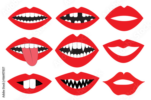 Lips, mouth with teeth, vector set. Photo booth accessory collection. Props retro party set