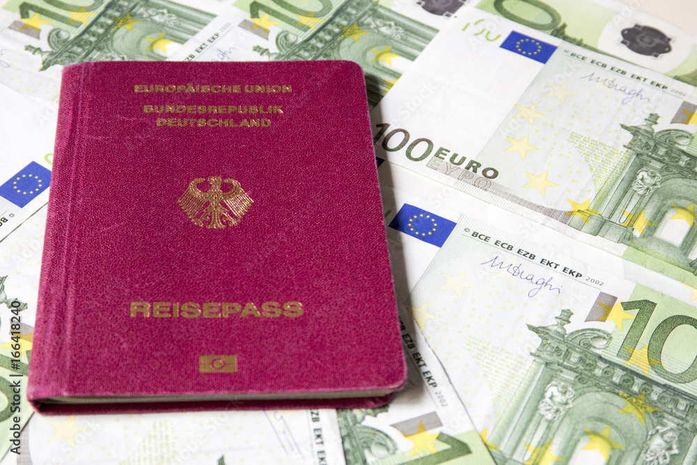 German international traveling passport and euro money. German international traveling passport and euro money.