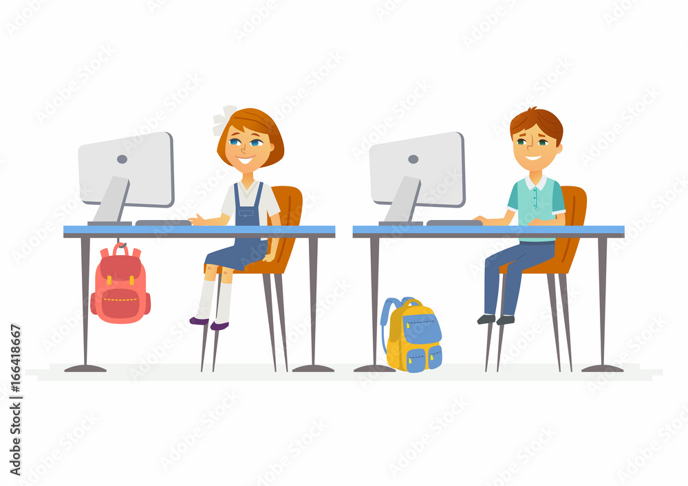 Fototapeta premium Computer studies - junior school children at the PCs
