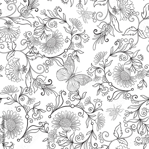 Seamless pattern  background with vintage style flowers and animals. Outline hand drawing coloring page for adult coloring book. Stock line vector illustration.  