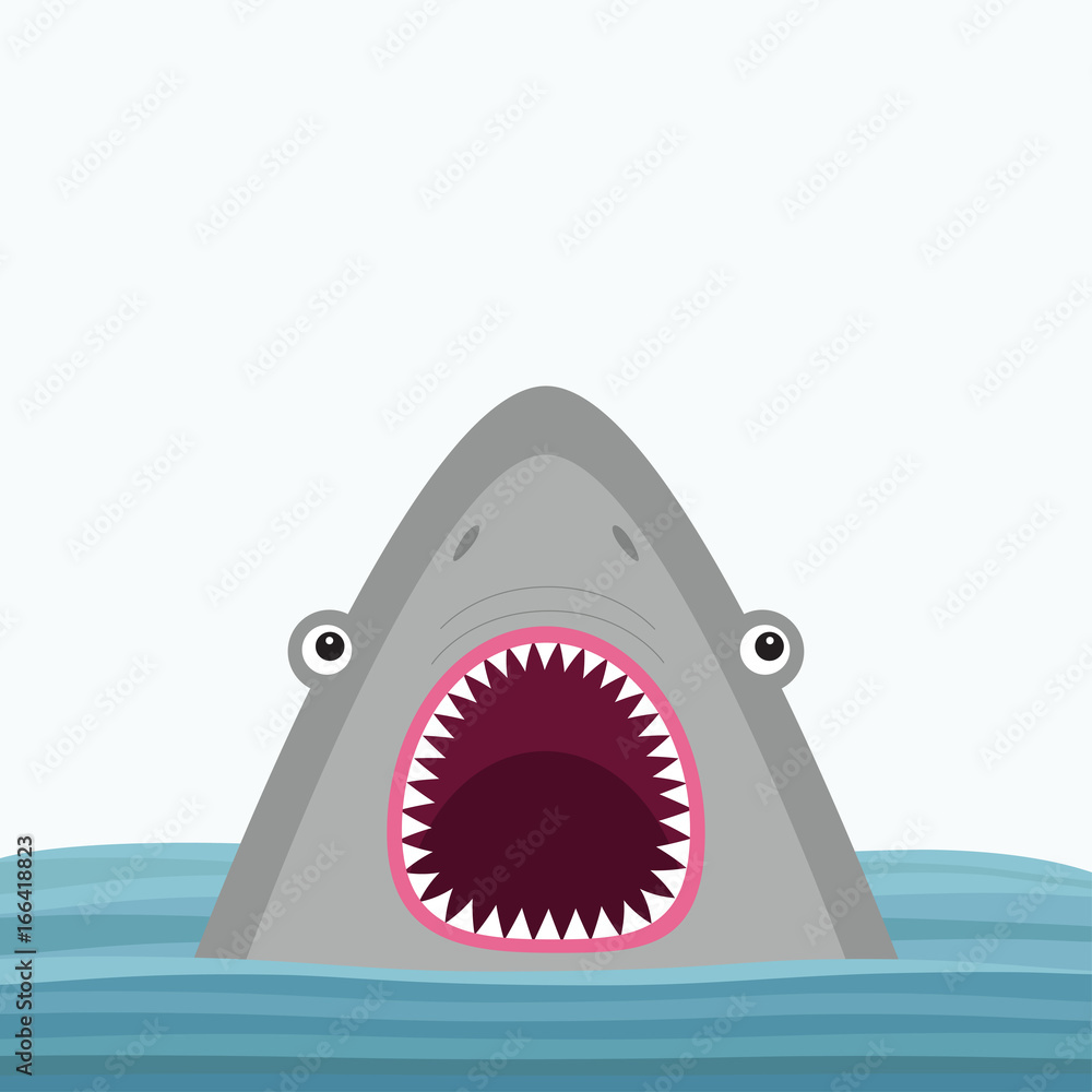 Fototapeta premium Shark head face with big open mouth and sharp teeth. Cute cartoon animal character. Baby card. Sea ocean wild animal. Water wave. Sticker print template. Flat design. White background. Isolated.