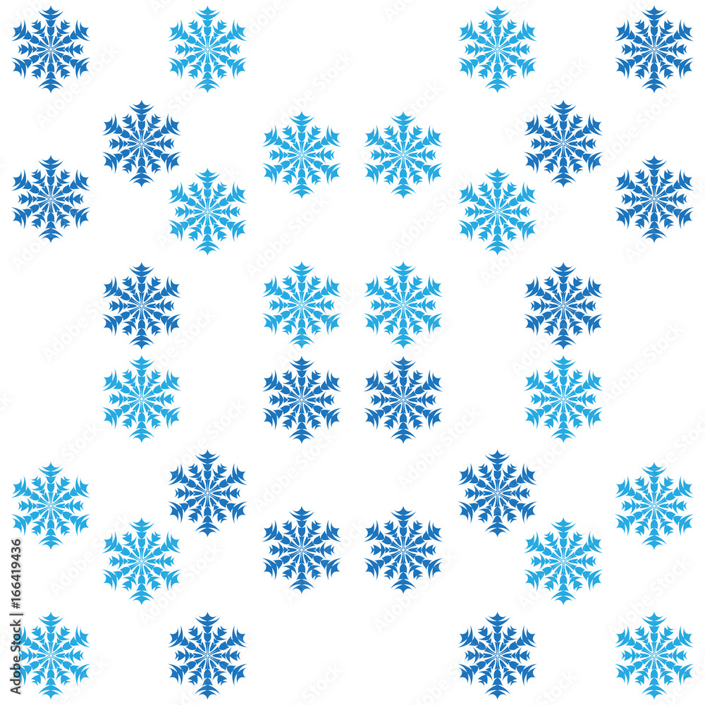 Blue stars, snowflakes against a white background.