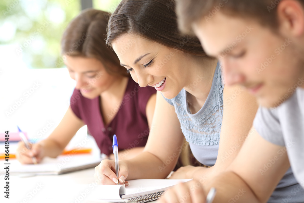 Happy student taking notes in classroom Happy student taking notes in classroom