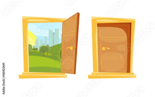 Closed and opened door with sunset landscape behind