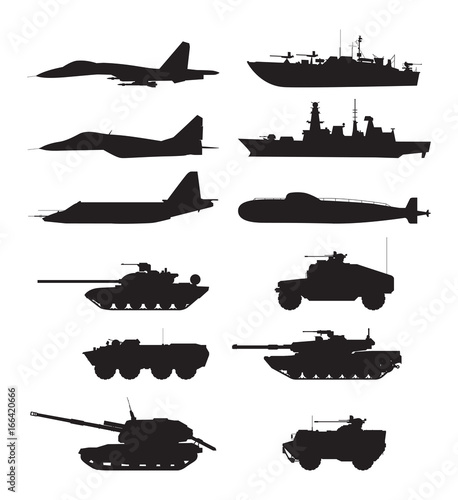 Silhouette of military machines support. Aircraft forces. Army vehicles and warships