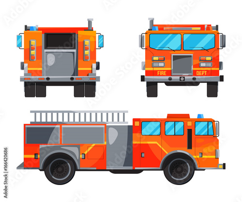 Different sides of fire truck. Specific professional car for fireman