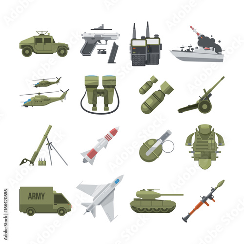 Icon set of different army weapons. Military and police equipment. Vector pictures in flat style