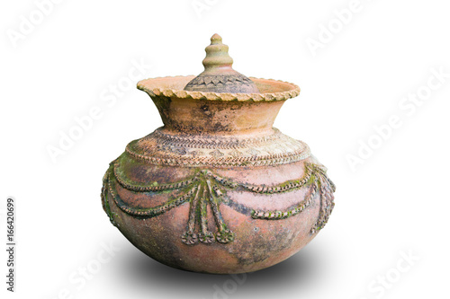 Thai native old pottery isolated on white background. Clipping path