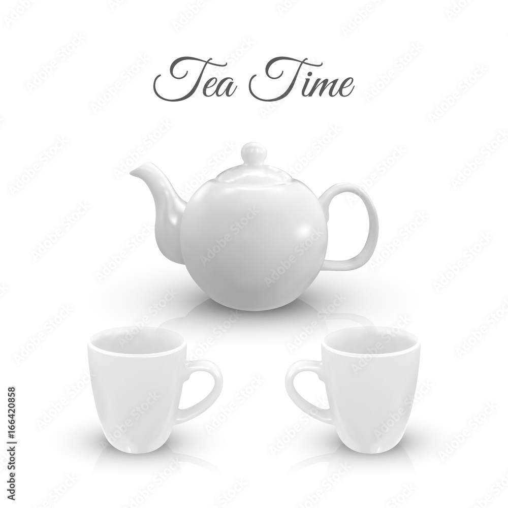 set of white porcelain kettle and cup isolated on white background. vector illustration