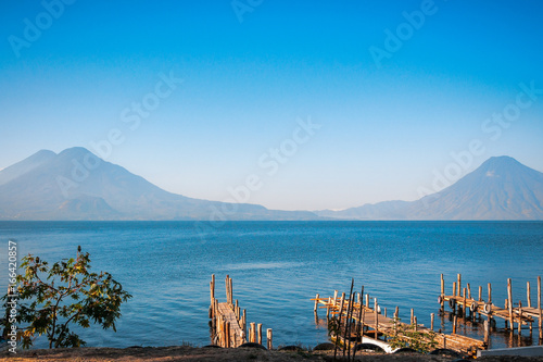 Volcanos view from the docks at lake Atitlan in Guatemala.