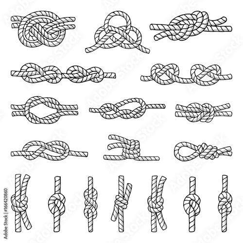 Illustrations of different nautical knots and nodes. Cordage icons set. Hand drawn pictures isolate on white