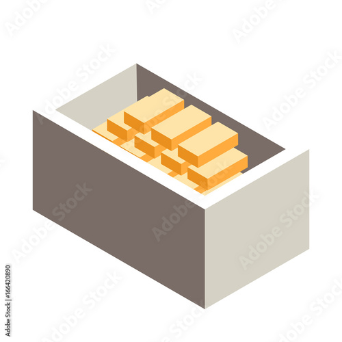 Box with gold bars. Vector illustration in isometric projection, isolated on white background.