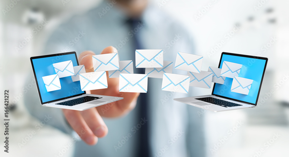 Businessman receiving e-mails on his digital devices 3D rendering Businessman receiving e-mails on his digital devices 3D rendering