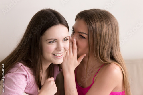 Headshot portrait of two young beautiful teen girls gossiping about boys. Attractive young ladies sharing their secrets, telling scandalous news, whispering in ear rumors and gossips, weave intrigues